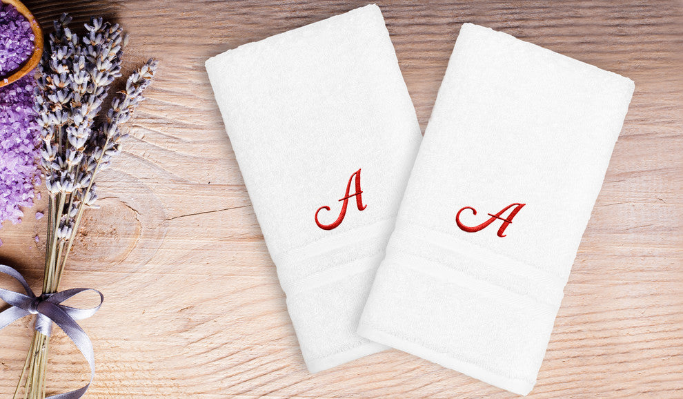 Denzi Hand Towels With Single Letter Red Script Monogram, Set of 2, A