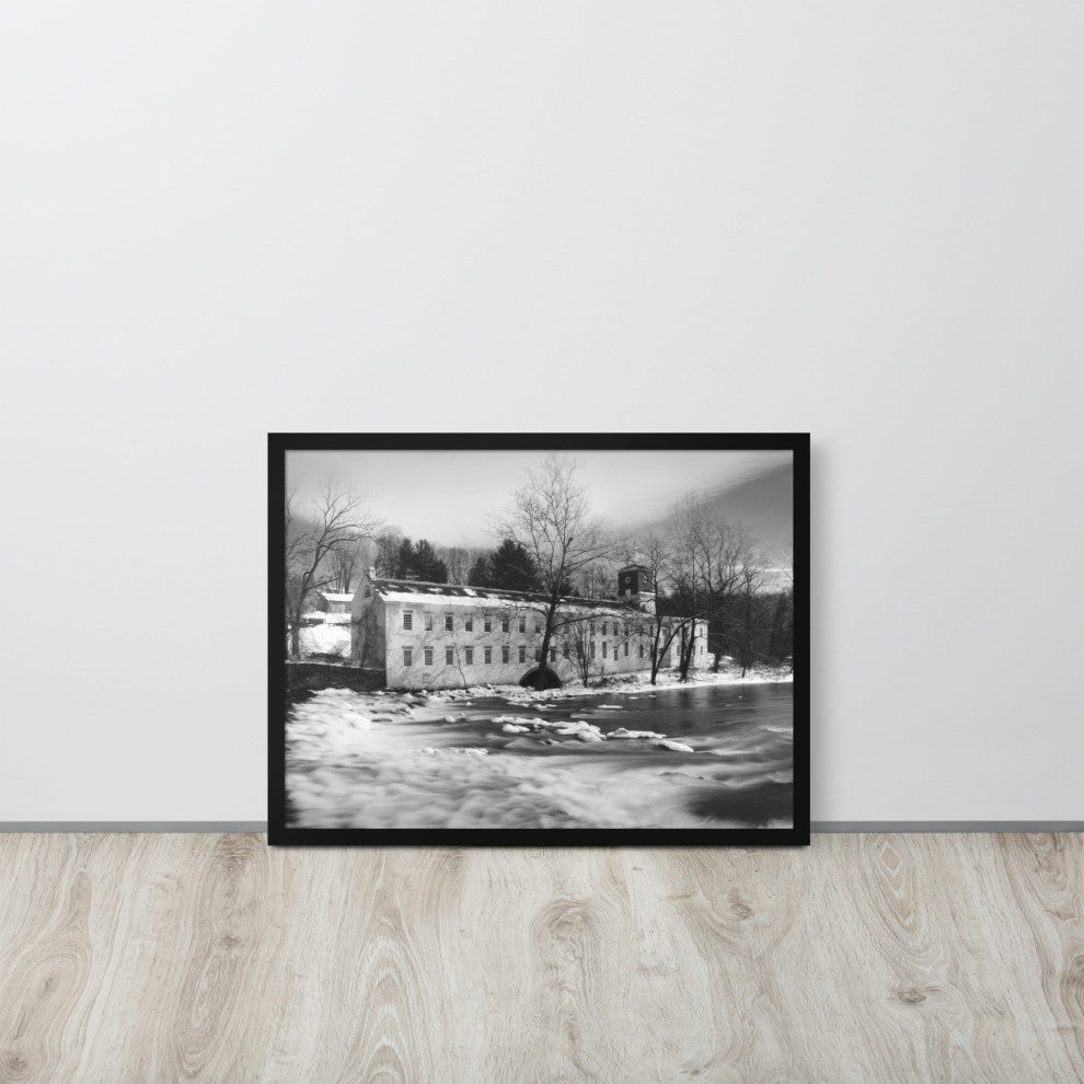 Winter at Powder Mill Rural Landscape Framed Photo Paper Wall Art Prints, Black, 18" X 24"