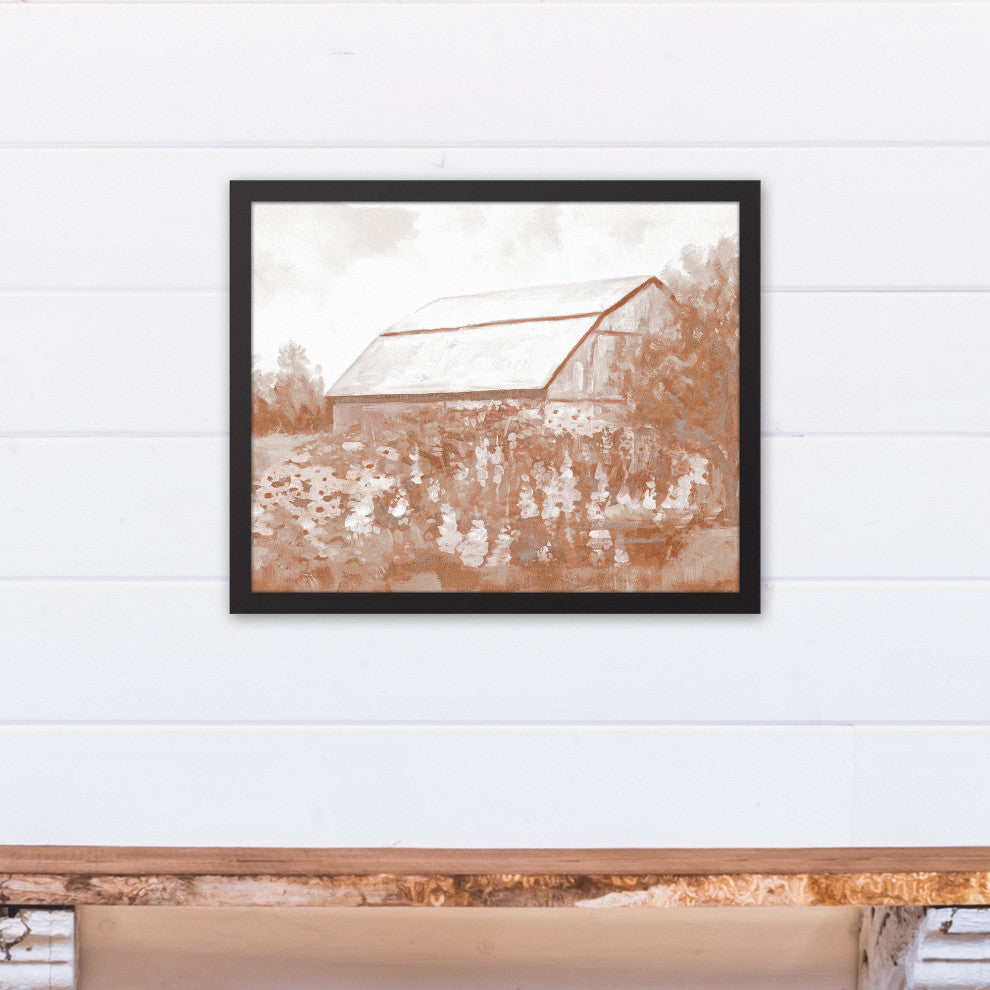 Barn Peachy Flower Field Framed Canvas 16x20 Black Framed Canvas