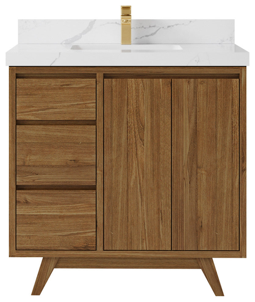 Madison Teak 36 Center Sink Bath Vanity in Dark Natural 2" Calacatta Laza