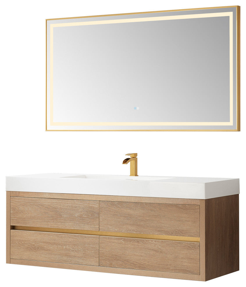 Palencia Floating Bath Vanity With Composite Stone Top, North American Oak, 60" Single Sink, With Mirror