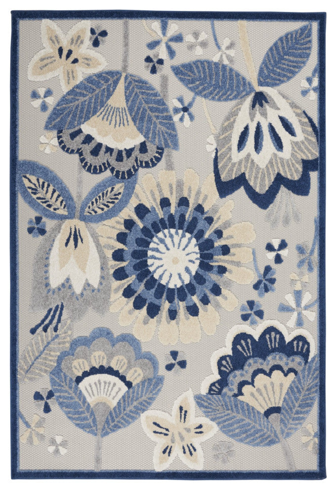 6' X 9' Blue And Gray Floral Indoor Outdoor Area Rug