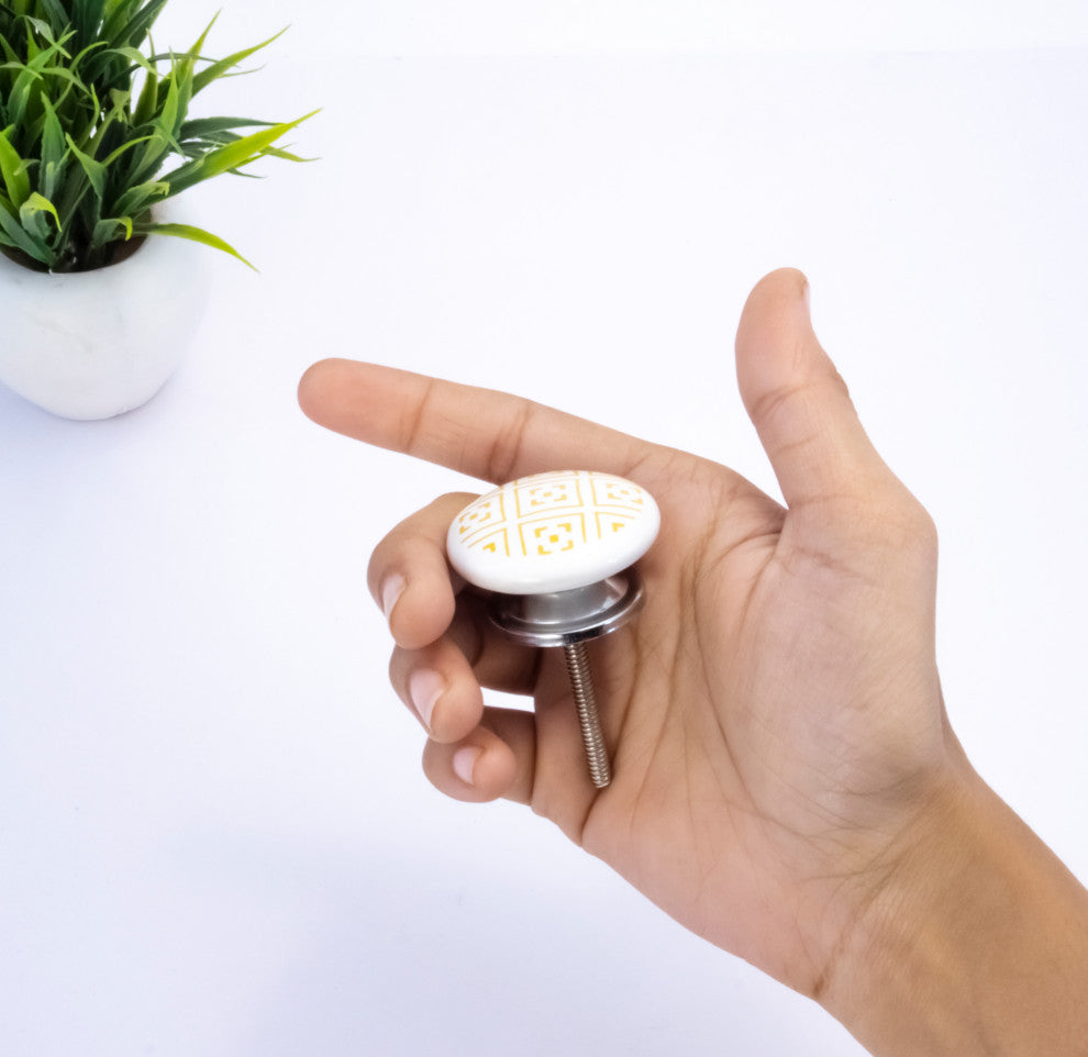 Mascot Hardware White Ceramic Knob with Yellow Geometric Pattern - Pack of 10