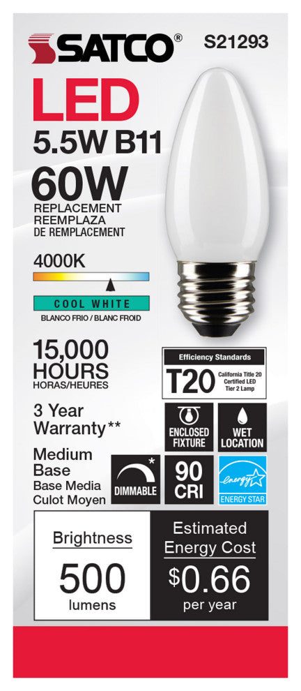 5.5W B11 LED, Frost, Medium Base, 90 CRI, 4000K, 120V
