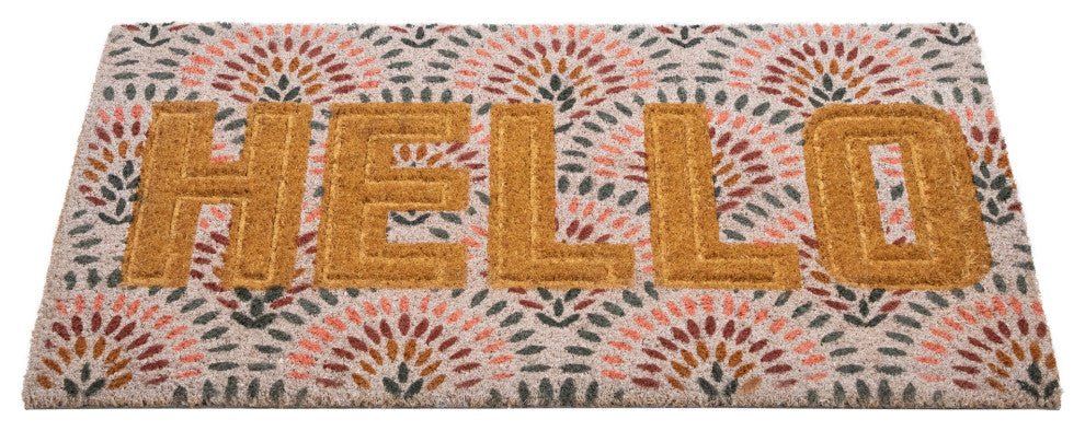 Brown and Pink "Hello" Floral Coir Outdoor Doormat 18" x 30"
