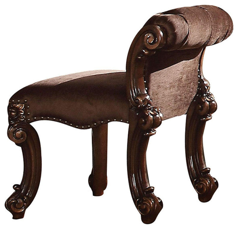 Benzara BM185888 Wooden Vanity Stool with Scrolled Poster Legs, Cherry Brown