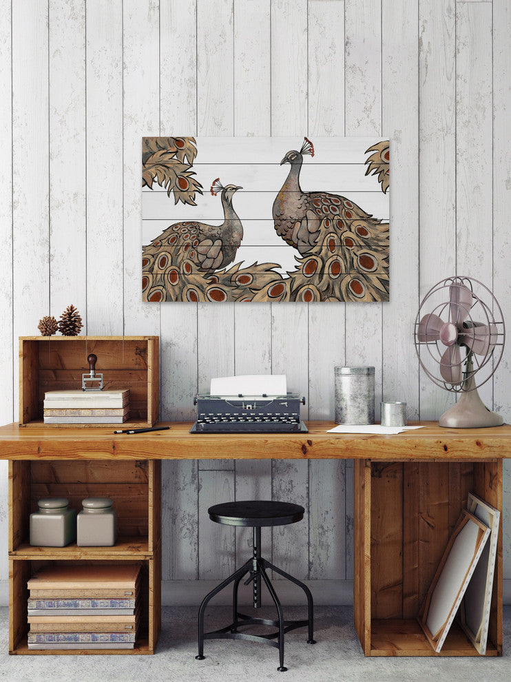 "Peacock Partner III" Painting Print on White Wood, 18"x12"