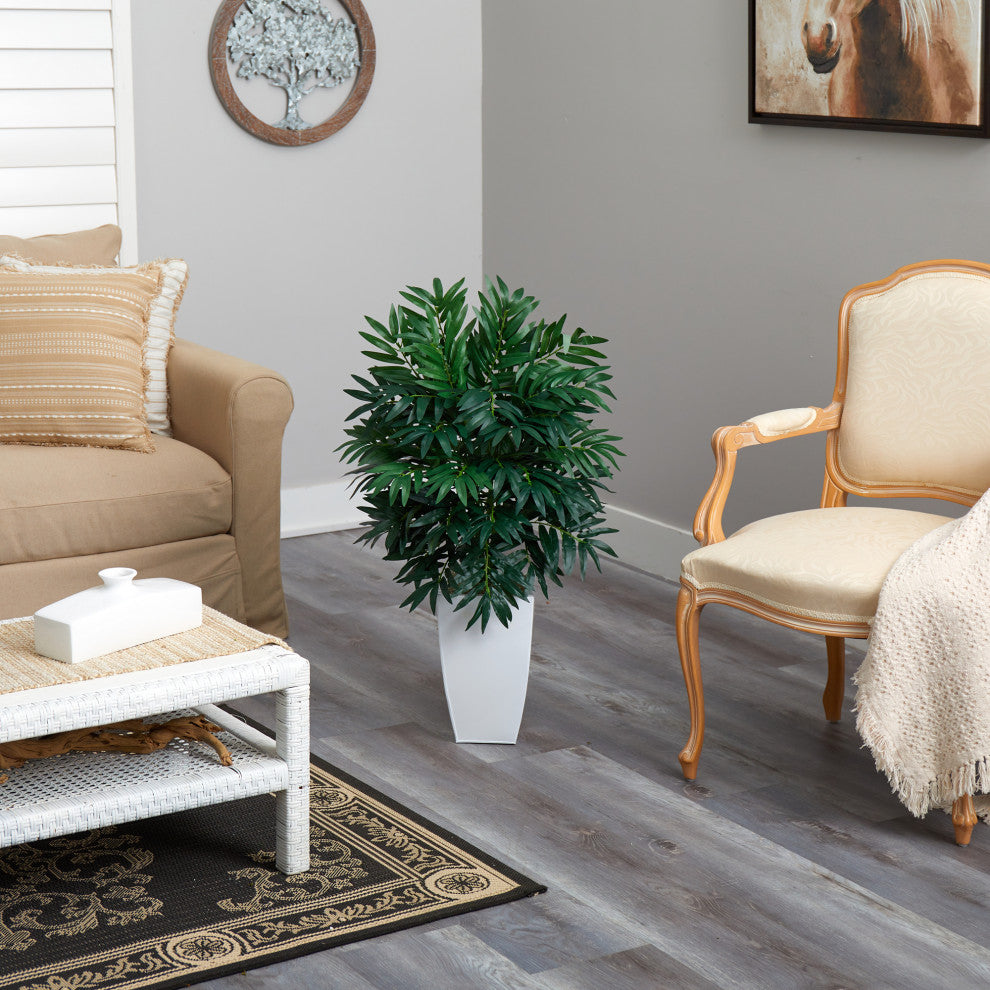 3' Bamboo Palm Artificial Plant, White Metal Planter