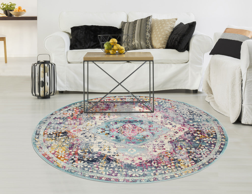 Noori Rug High-Low Westfield Silver/Teal Green Rug, 7'8" Round