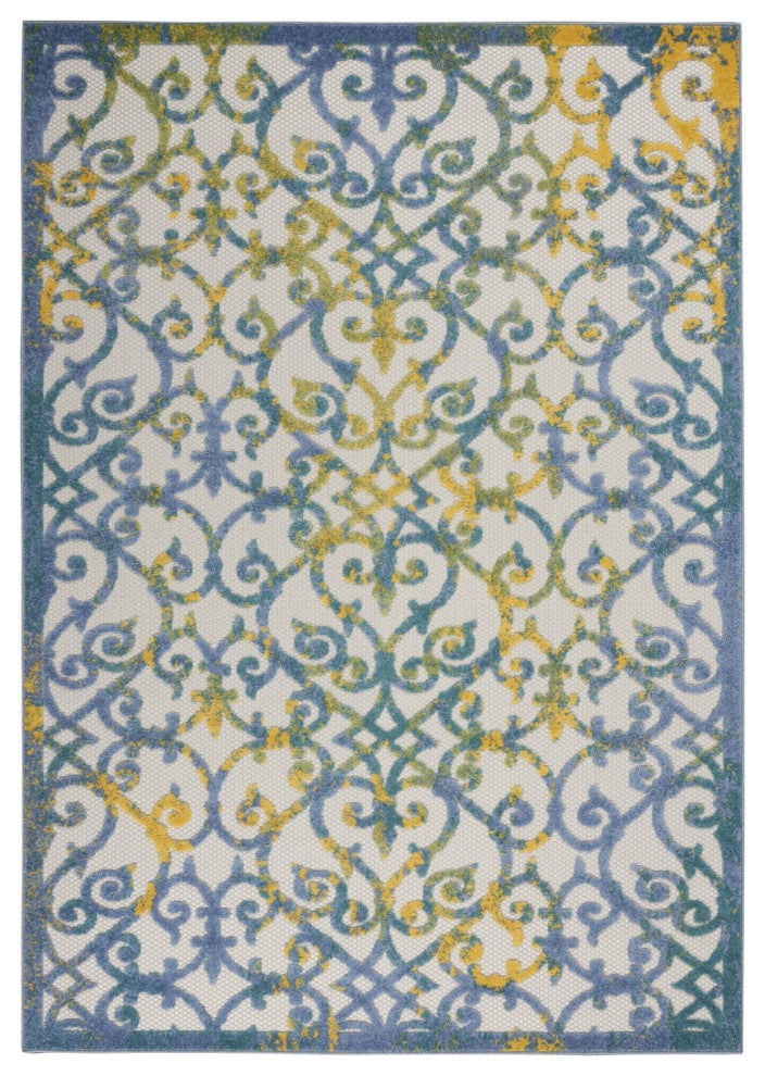 6' X 9' Ivory And Blue Floral Indoor Outdoor Area Rug