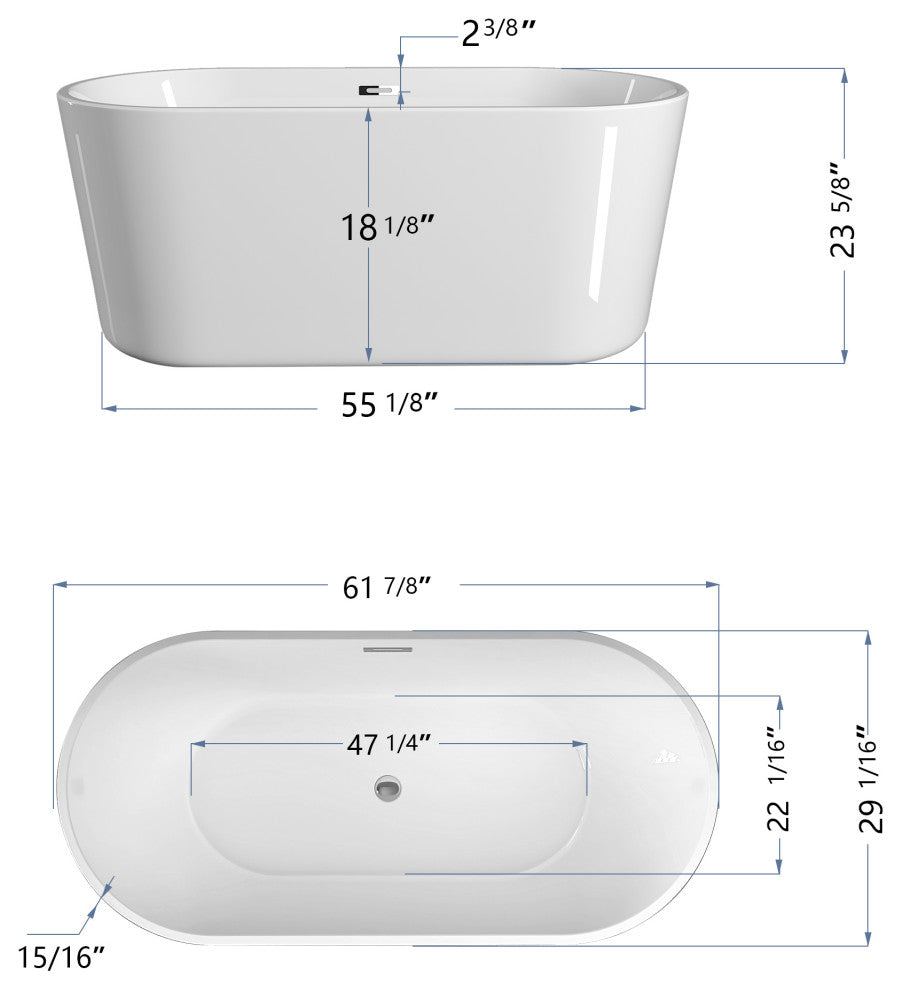 Oval Freestanding Acrylic Soaking Bathtub, Glossy White, 62"x30"