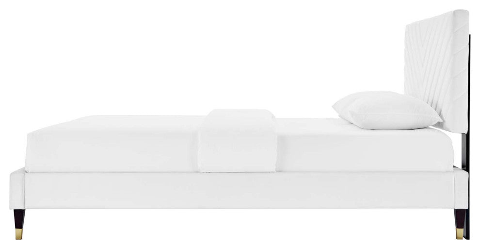 Platform Bed Frame, Queen Size, White, Velvet, Modern, Bedroom Guest Suite
