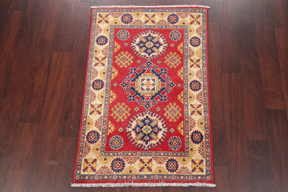 Traditional Pakistani Kazak Wool Hand-Knotted Oriental Area Rug, Red, 4'0"X2'9"