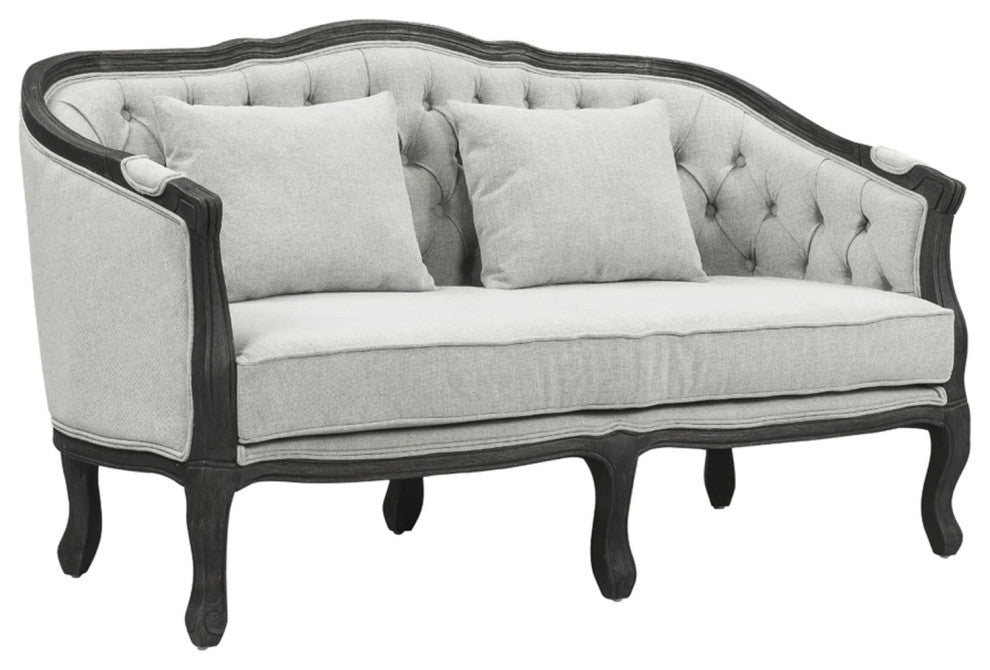 Benzara BM276240 64" Loveseat, Button Tufted Fabric, Cabriole, Gray/Brown