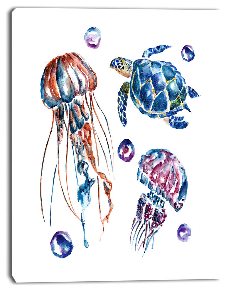 Colorful Jellyfish and Turtles, Animal Canvas Art Print, 28"x60"