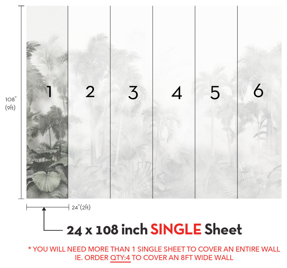 Misty Jungle Forest Vinyl Peel and Stick Mural, 24"x108", Single