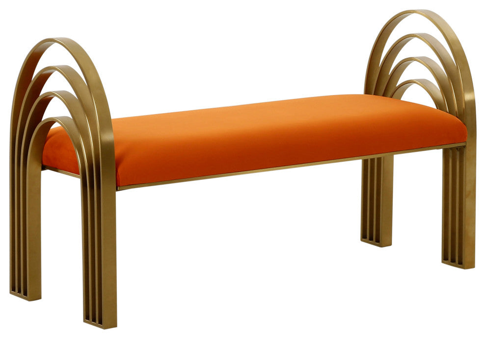 Mavis Velvet Bench, Art Deco Entryway Bench, Glam Luxe Gold Bed Bench, Cinnamon