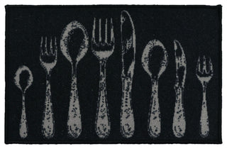 Black Wool-Effect Kitchen Mat With Chic Cutlery Print 32" x 20"