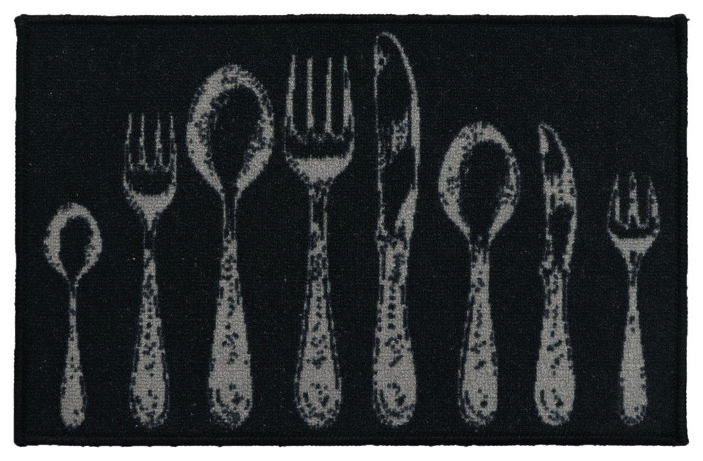 Black Wool-Effect Kitchen Mat With Chic Cutlery Print 32" x 20"