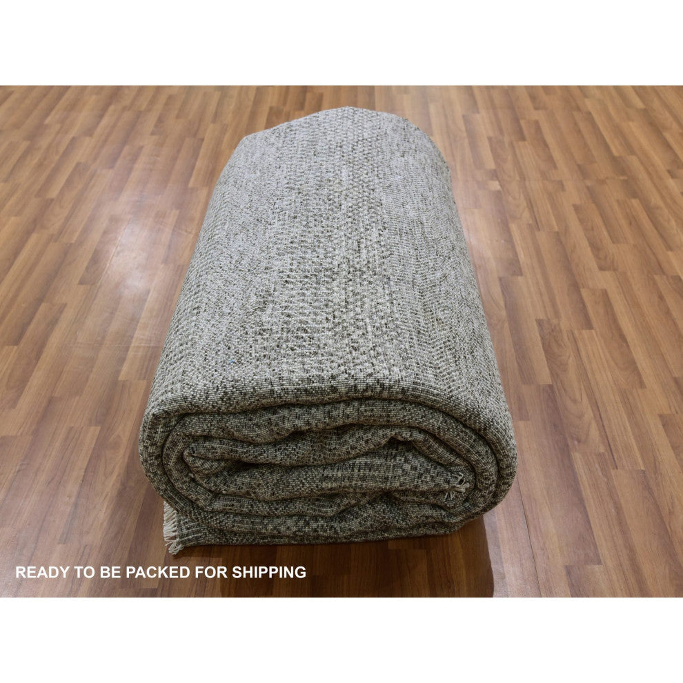 Neutral Gray Undyed Wool Grass Design Hand Knotted Oversized Rug 12'2"x15'2"