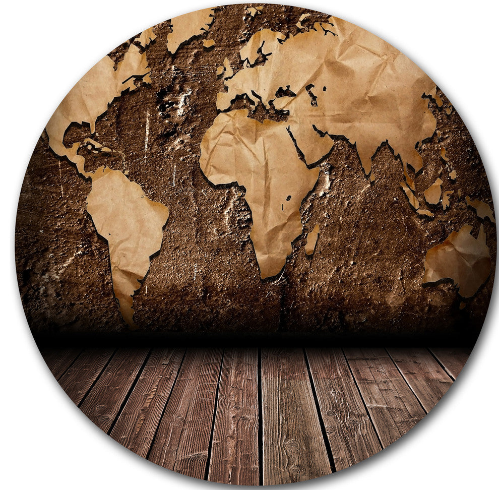 Vintage Map With Wooden Floor, Contemporary Round Metal Wall Art, 11"