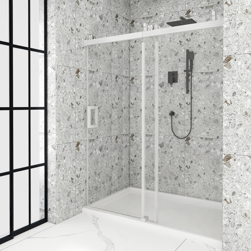 72" W x 76" H Single Sliding Frameless Shower Door, Buffer, Brushed Nickel