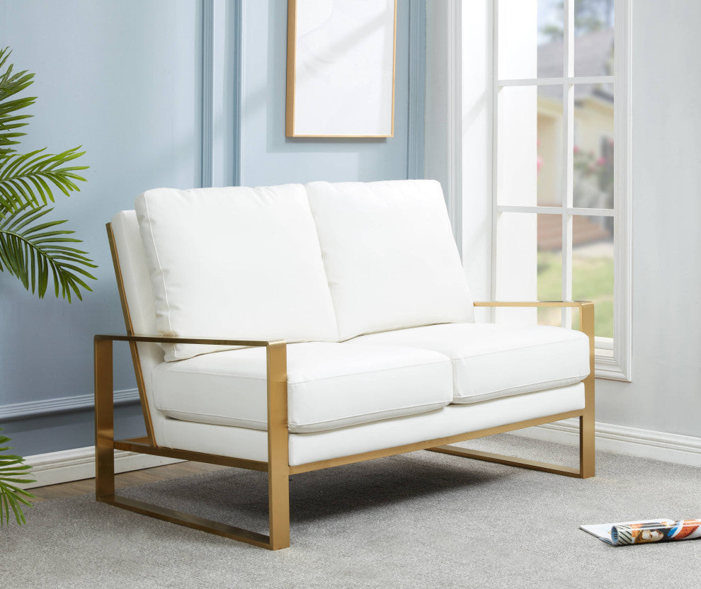 LeisureMod Jefferson Leather Modern Design Loveseat With Gold Frame, White