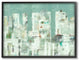 Cityscape Abstract Shapes White Green Painting, 11"x14", Black Frame