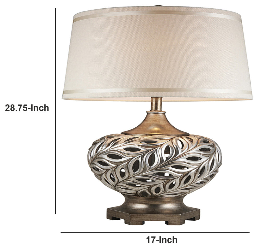 Benzara BM240303 Table Lamp With Scrolled Peacock Feather Cutout Base, Silver