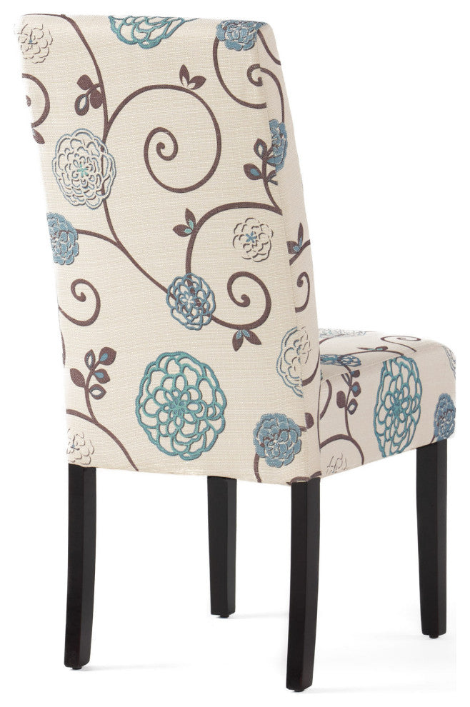 GDF Studio Percival White and Blue Floral Fabric Dining Chairs, Set of 2, White and Blue Floral, Fabric