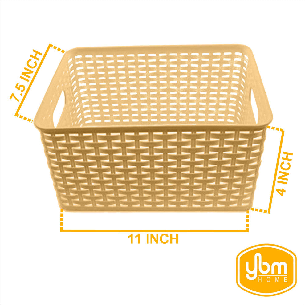 Plastic Rattan Storage Box Basket Organizer, White, Small-Pack of 3