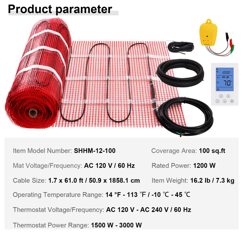 VEVOR Floor Heating Mat Copper Core Electric Warm Tile, 100 Sq.ft 1200w