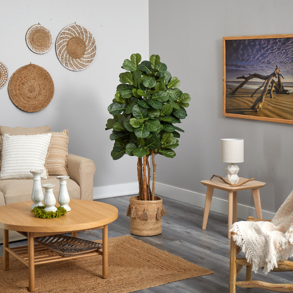 5' Fiddle Leaf Fig Artificial Tree, Handmade Natural Jute Planter With Tassels
