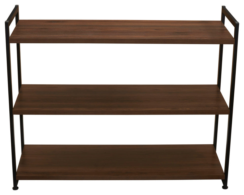 Jamestown Wide 3 Shelf Open Storage Bookshelf Mid Century Walnut, Black Metal