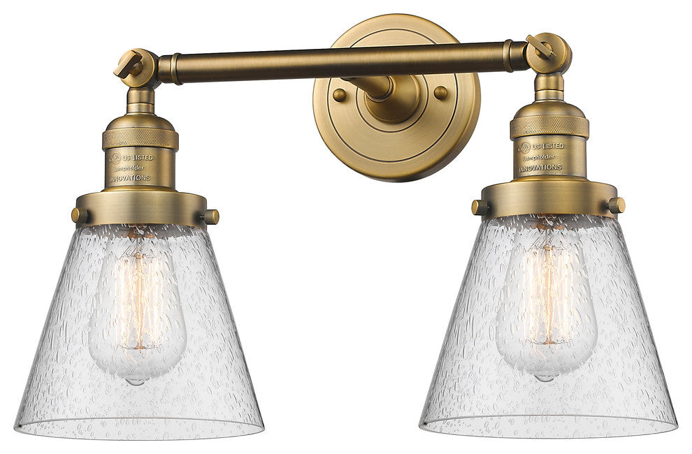 Small Cone 2-Light LED Bath Fixture, Brushed Brass, Glass: Seedy