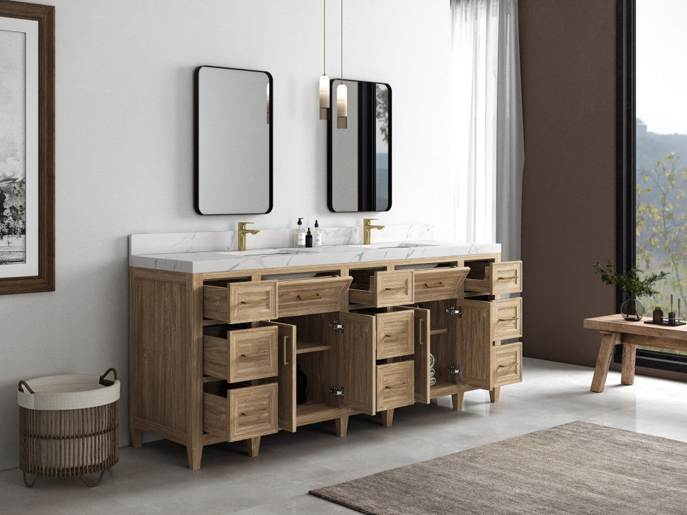 Santa Monica 84 Double Sink Bath Vanity in Whitewashed Teak 1.5" Calacatta Laza