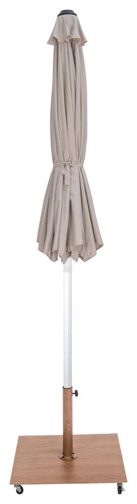 Fiji Patio Umbrella and Base, Beige, Matte White Pole, Teak Belize Base