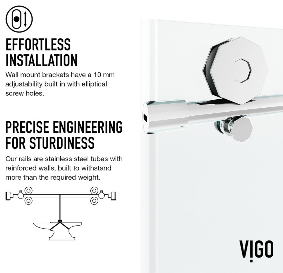 VIGO Elan Hart 56" to 60" W x 76" H Frameless Sliding Shower Door, Chrome, Clear Glass