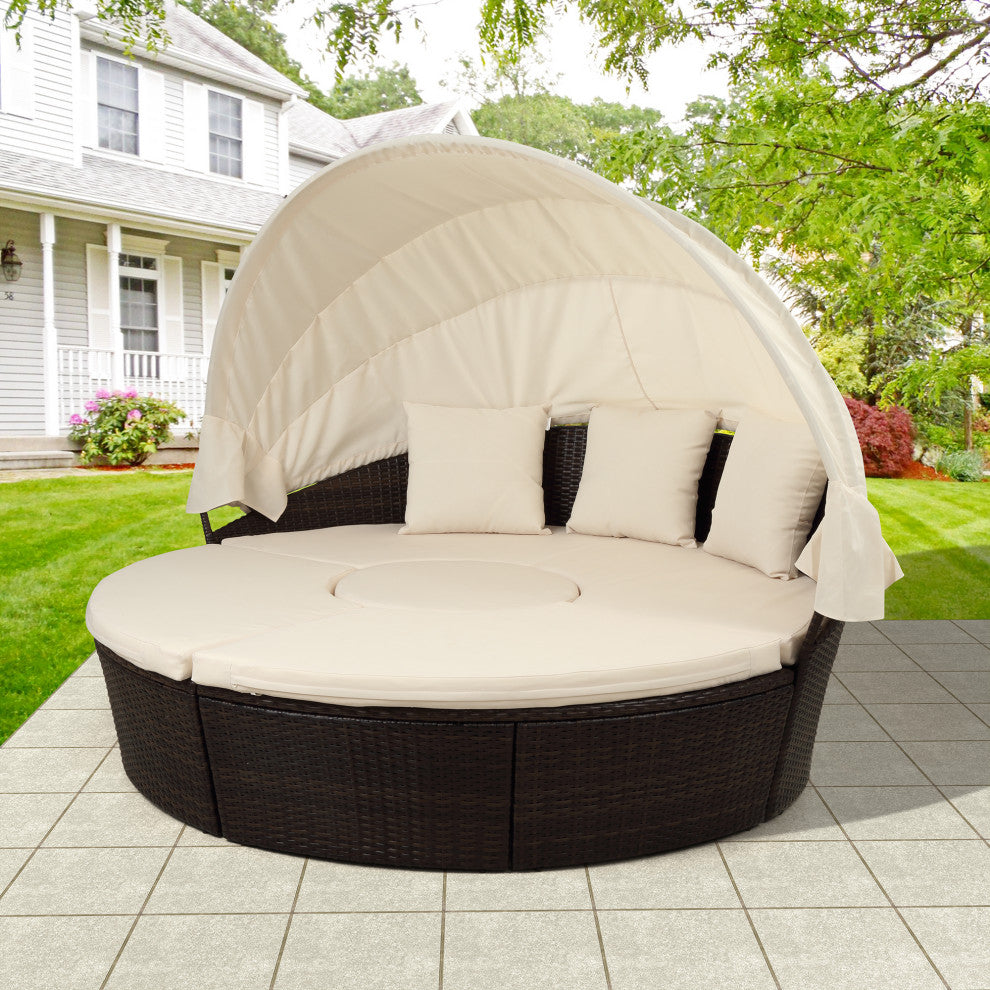 Round Outdoor Sectional Sofa Set Rattan Patio Daybed With Canopy, Beige