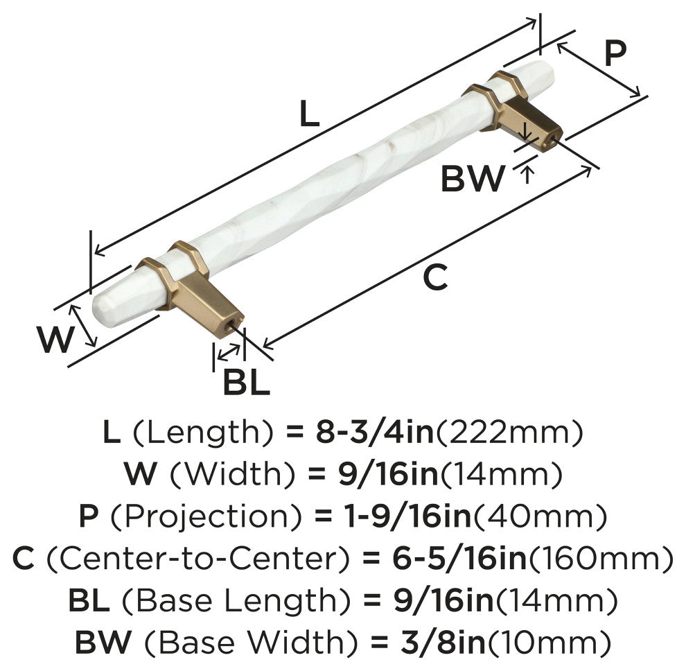 Carrione Cabinet Pull, Marble White/Golden Champagne, 6-5/16" Center-to-Center