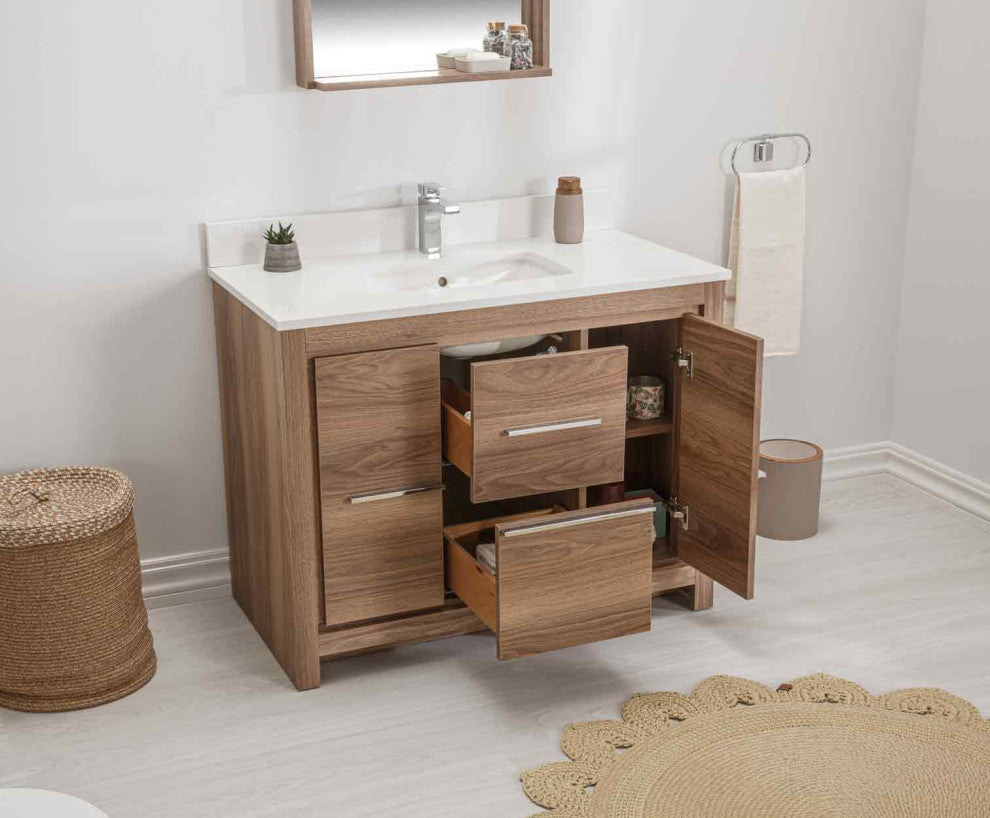 Mila Collection 42" Bathroom Vanity With Sink, Mirror, Countertop, Walnut Brown