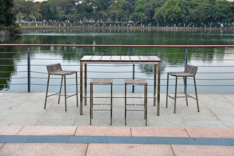 HomeRoots 55" X 27" X 42" Teak Wood and Stainless Steel Bar Table
