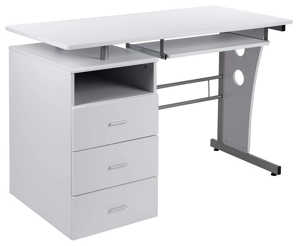 Modern White Desk with Three Drawer Pedestal and Pull-Out Keyboard Tray