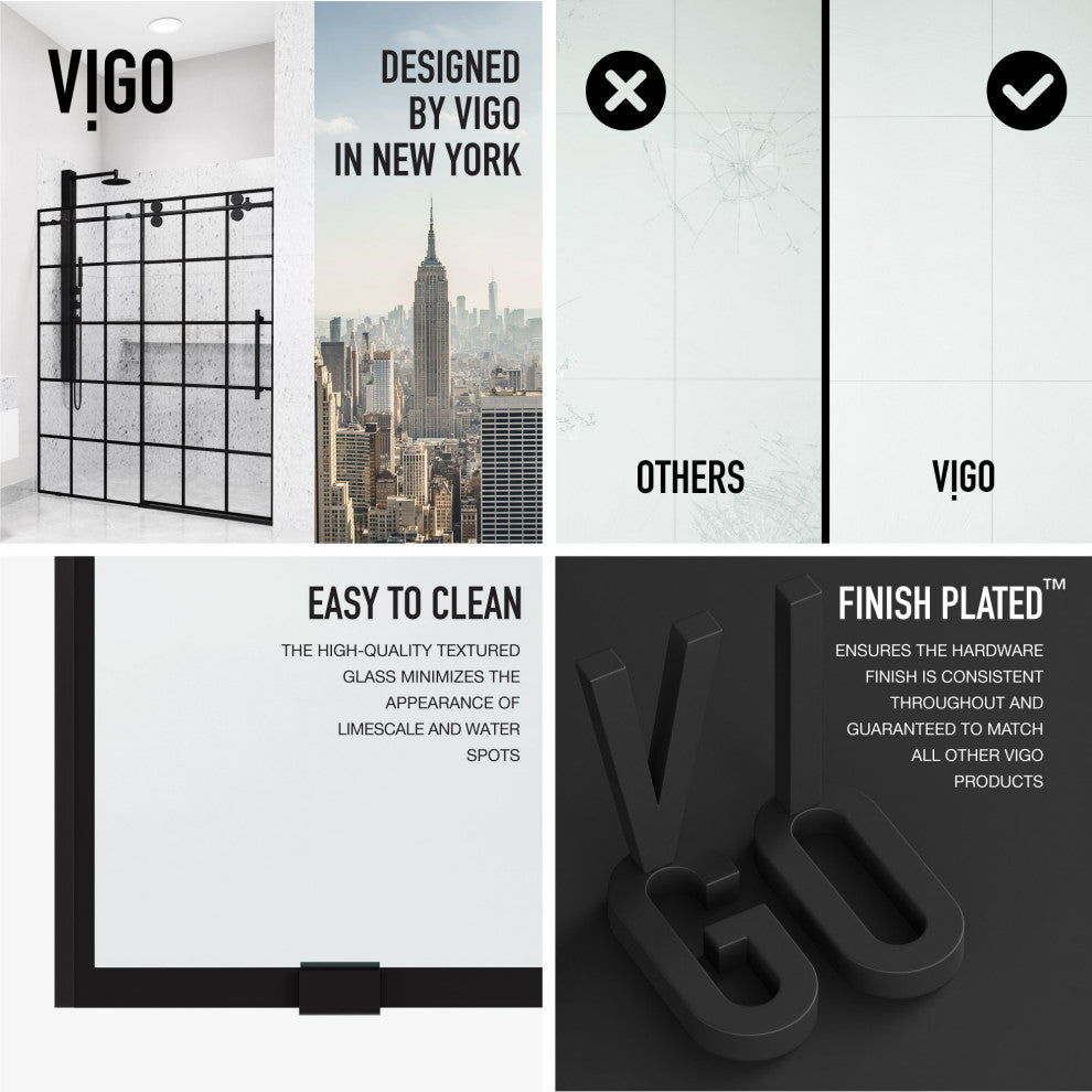 VIGO Elan 68" to 72" W x 74" H Frameless Sliding Shower Door in Matte Black Grid
