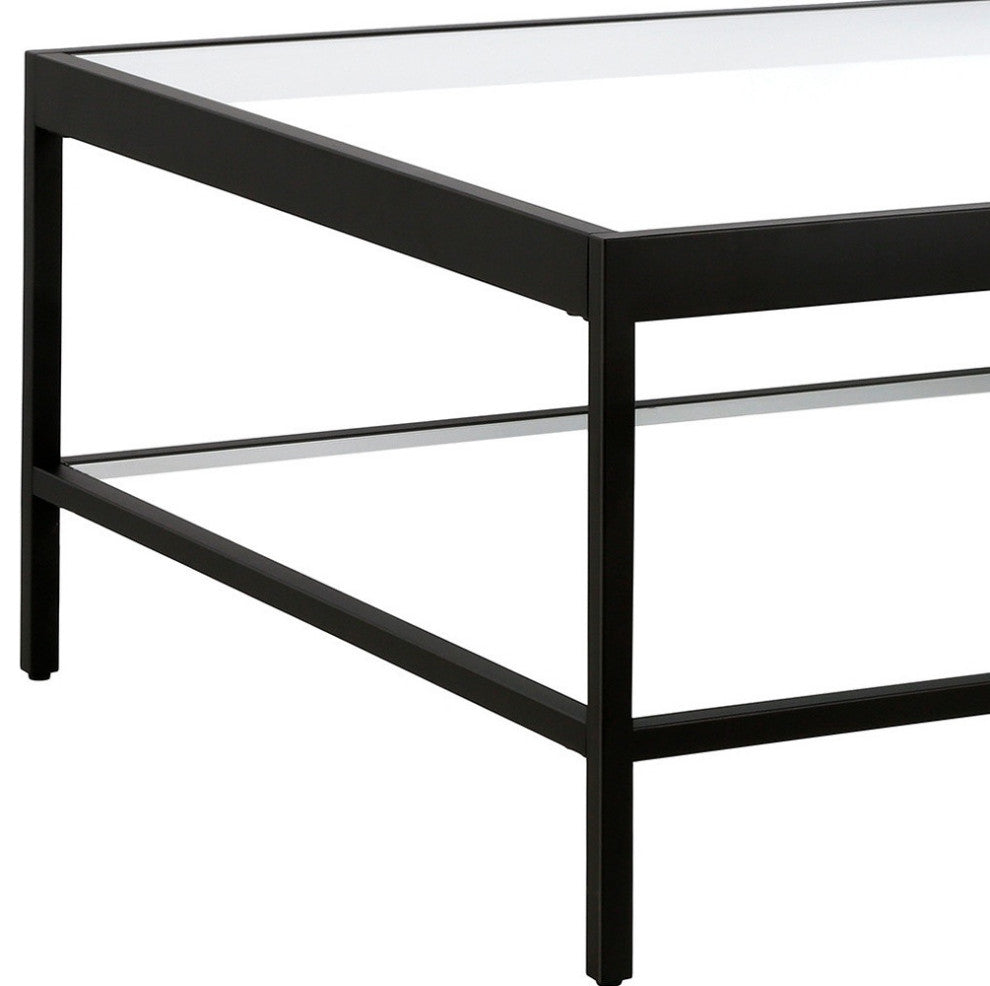 32" Clear And Black Glass And Steel Square Coffee Table With Shelf