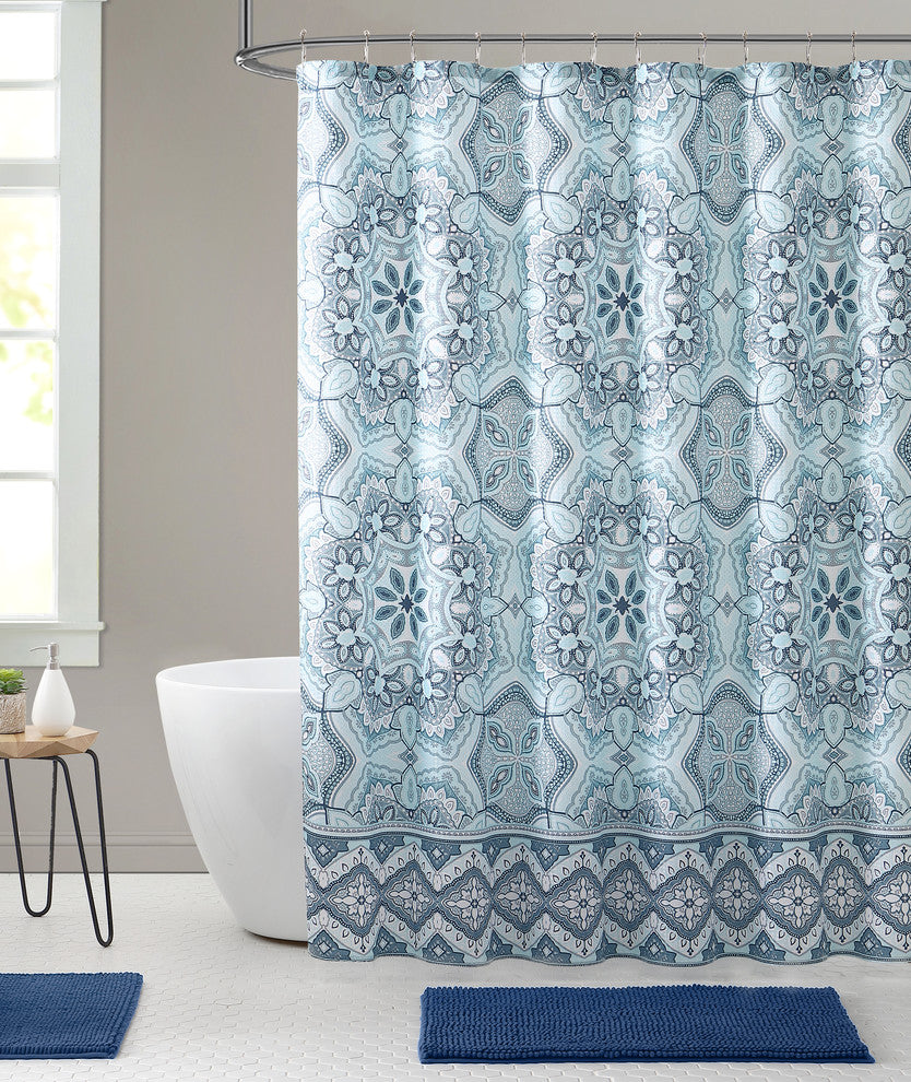 Teal Aqua Fabric Shower Curtain, Floral Gems Mandala Print with Geometric Border