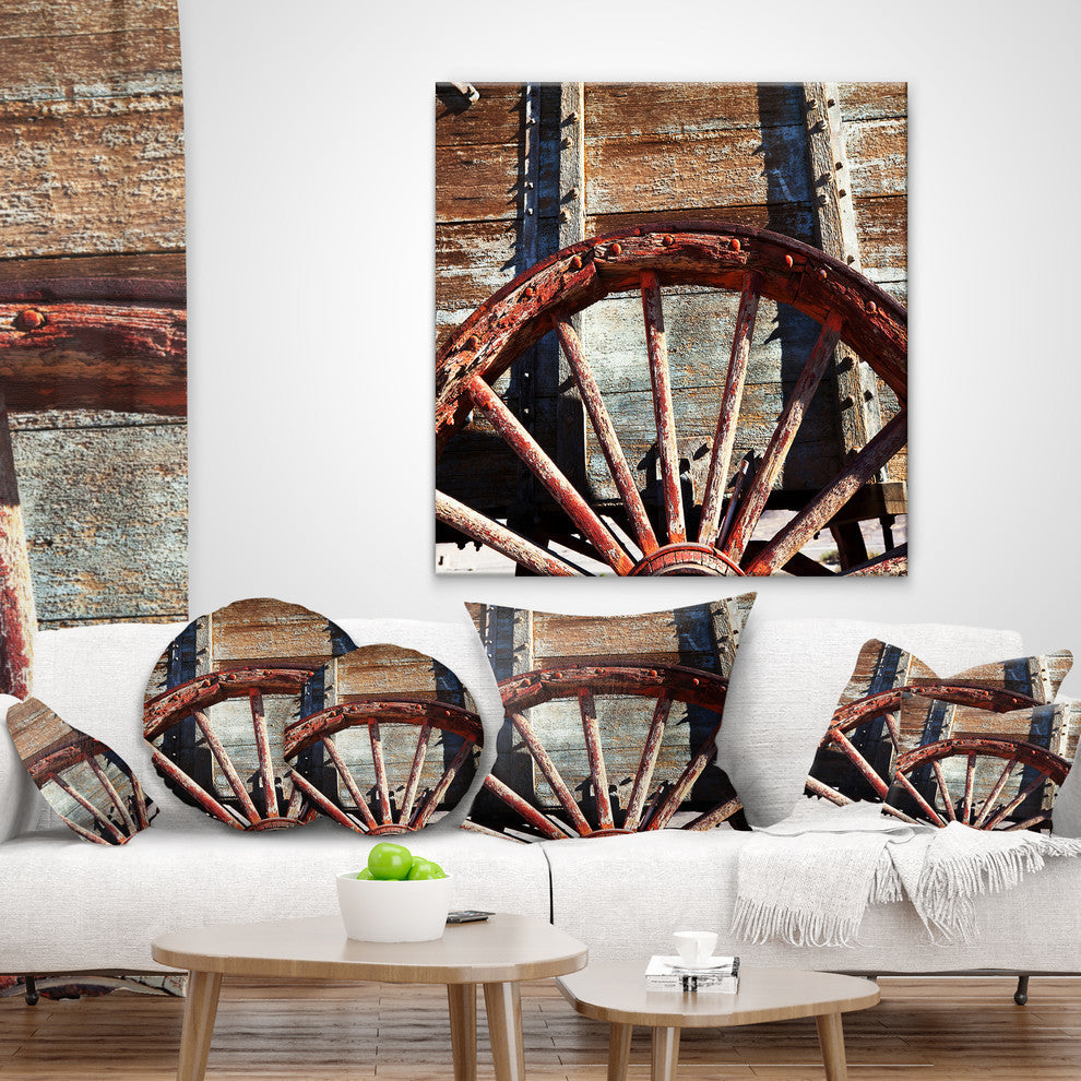 Old Brown Cart Wheel Landscape Printed Throw Pillow, 16"x16"