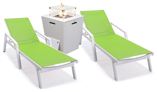 LeisureMod Marlin Chaise Lounge Set With Arms and Fire Pit Table, Green