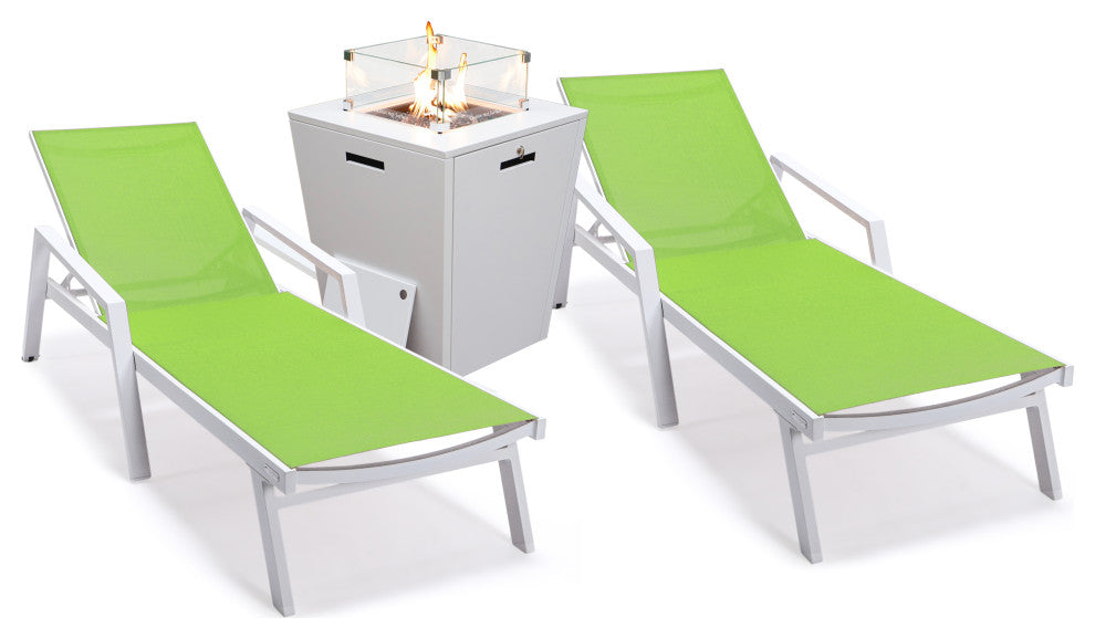 LeisureMod Marlin Chaise Lounge Set With Arms and Fire Pit Table, Green