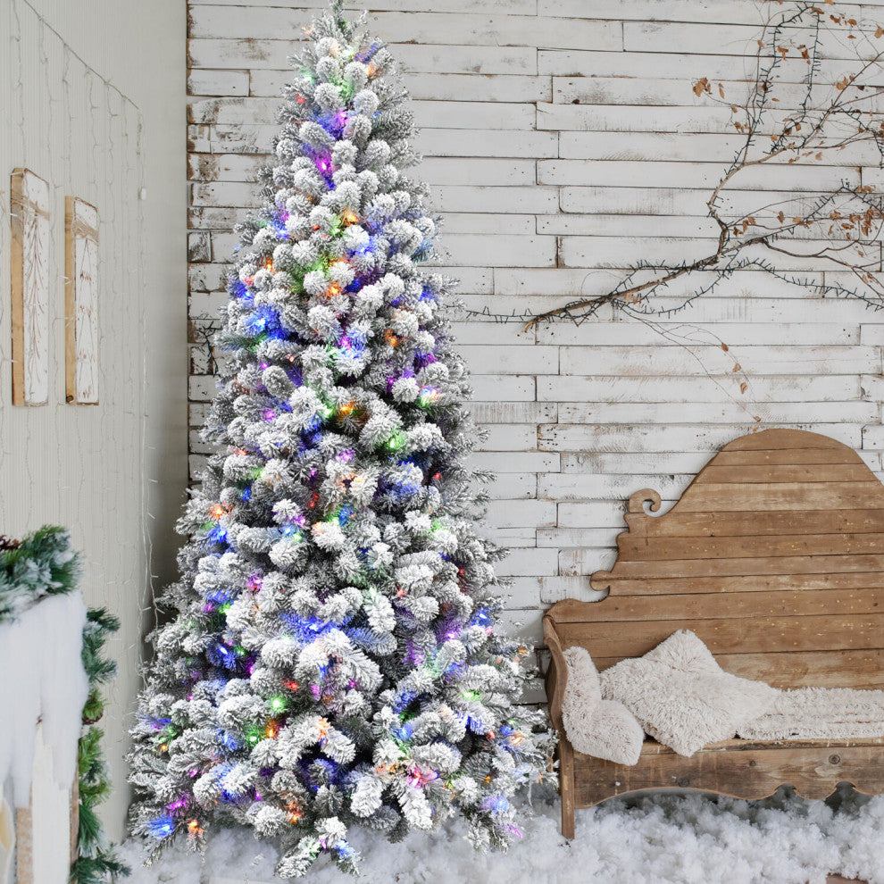 Flocked Alaskan Pine Christmas Tree, 9 Ft., Multi-Color Led String Lighting